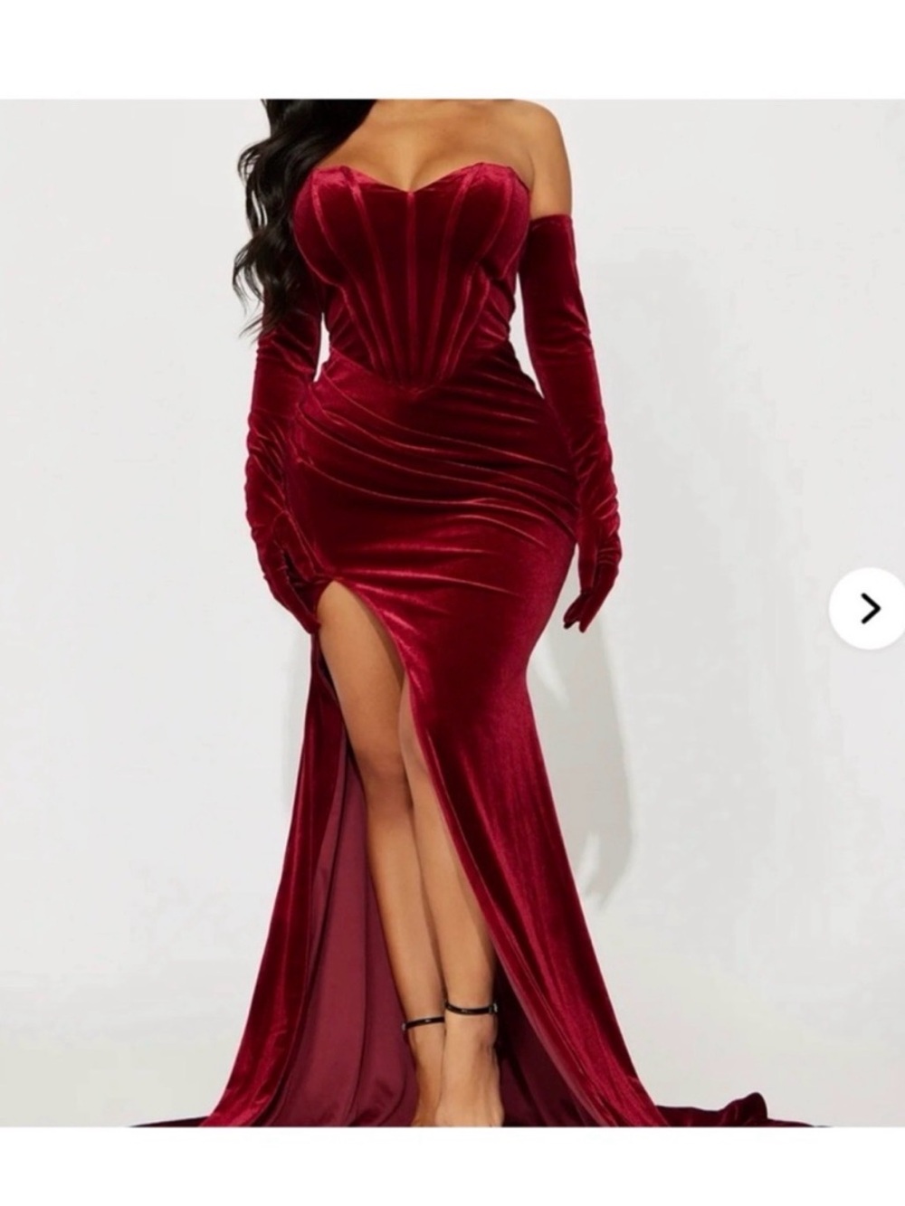 Fashion Nova Burgundy Velvet Off-Shoulder Corset Gown with Gloves